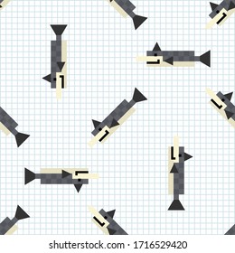 Cute cartoon 8bit mackerel seamless vector pattern. Ocean wildlife animal. Fish pixel art all over print. Video game retro illustration on stripe background. 