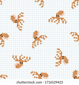 Cute Cartoon 8bit Octopus Seamless Vector Pattern. Ocean Wildlife Animal. Cephalopod Pixel Art All Over Print. Video Game Retro Illustration On Stripe Background. 