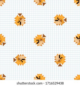 Cute cartoon 8bit puffer fish seamless vector pattern. Ocean wildlife animal. Blow fish pixel art all over print. Video game retro illustration on stripe background. 