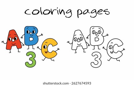 Cartoon bonito ABC cartas colorir página para crianças - colorido e versão de contorno