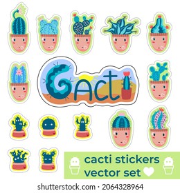 Cute cartoon abstract cacti characters in pots. Funny vector set. Stickers concept.