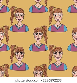 Cute cartoon abstract doodle girl portrait seamless pattern. Woman face background.