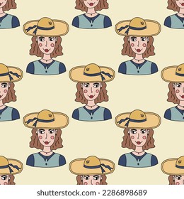 Cute cartoon abstract doodle girl portrait in the hat seamless pattern. Woman face background.