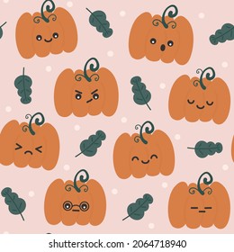 Cute cartoon abstract hand drawn baby pumpkins character fall seamless vector pattern background illustration in flat style