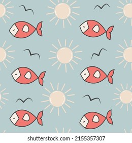 süßer Cartoon abstrakter roter Fisch, nahtlose Vektorgrafik mit Silhouette und Sonnen- und Vogelsilhouette