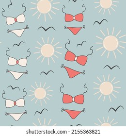 cute cartoon abstract red and white bikini seamless vector pattern background illustration with sun and birds silhouette