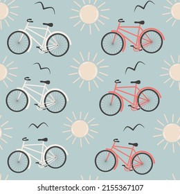 cute cartoon abstract red and white bicycle seamless vector pattern background illustration with sun and birds silhouette