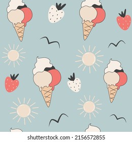 cute cartoon abstract red and white ice cream and strawberries seamless vector pattern background illustration with sun and birds silhouette