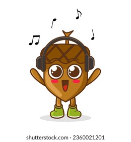 Cute cartoon acorn character listening to music and enjoy. Vector character illustration icon isolated on white. acorn Fruit cartoon mascot character Listening music on a headset