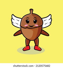 Cute cartoon acorn character wearing wings in modern style design