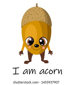 Cute cartoon acorn characters vector illustration isolated on white background. Kawaii style