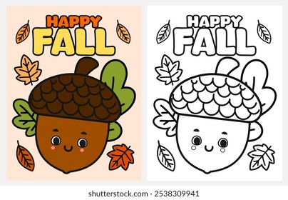 Cute cartoon acorn coloring page for kids, Fall coloring pages for kids