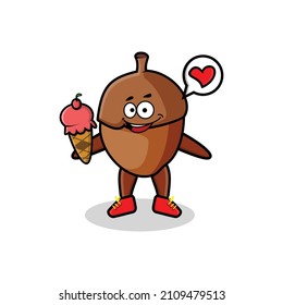 Cute Cartoon acorn mascot holding ice cream cone cute modern style design for t-shirt, sticker, logo element