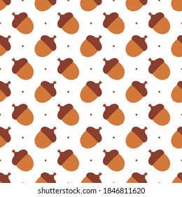 Cute cartoon acorns and dots vector seamless pattern background for autumn, fall design.