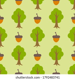 Cute cartoon acorns and trees in flat style seamless pattern. Woodland, nut forest background. Vector illustration.      