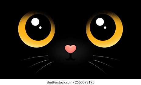 Cute cartoon adorable black cat face with big curious glowing yellow eyes and tiny heart-shaped pink nose in darkness. Sweet and minimalistic lovely design for kids and cat lovers. Vector illustration