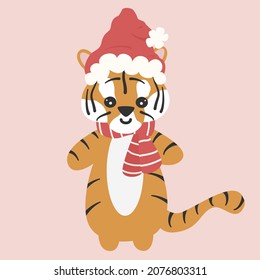 cute cartoon adorable hand drawn character baby tiger with santa claus hat christmas vector illustration for kids isolated on pink background
