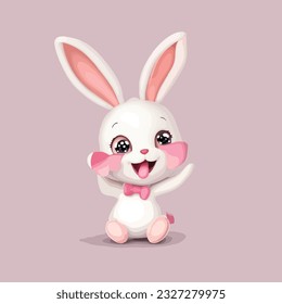 Cute cartoon adorable little pink bunny waving and smiling