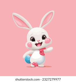 Cute cartoon adorable little pink bunny waving and smiling