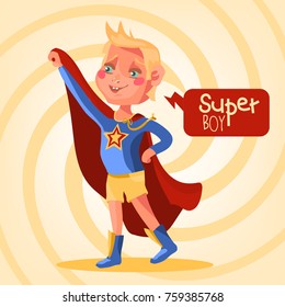 Cute, cartoon, adorable superhero boy. Super boy character in a blue blouse with star, boots with wings and red cloak