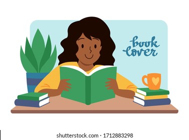 Cute cartoon african american girl sitting on table with open book and smiling. Hand drawn flat vector illustration. Plant, books, cup. Literature fan, reading books, stay home education concept.