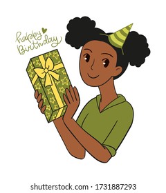 Cute cartoon african american girl holding gift box in hands. Flat vector illustration with handwritten lettering for card, banner, social media or print. Happy birthday concept.