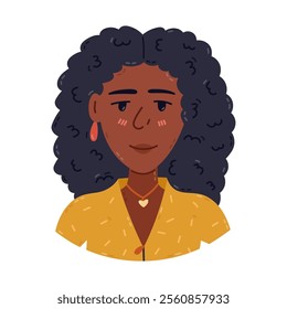 Cute cartoon African American lady portrait for social media, poster design. Hand drawn feminine character with curly volume afro hair. Trendy symbol of diversity, International Women Day, community.