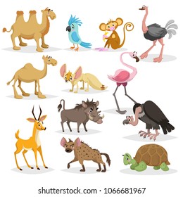 Cute cartoon african animals set.  Dromedary and bactrian camels, parrot, monkey, ostrich, fennec fox, flamingo, warthog, vulture, anthelope, hyena, big turtle. 