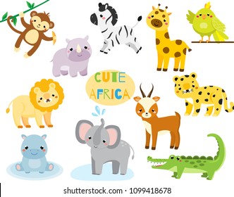 Cute cartoon african animals set. Monkey, rhino, zebra and other savannah wildlife for kids and children