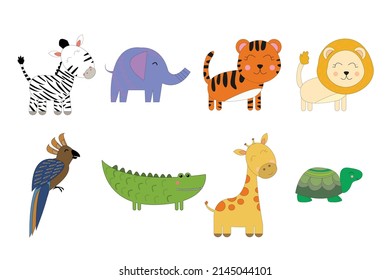 Cute cartoon African animals. Set of lion, elephant, crocodile, tiger, zebra, giraffe, parrot, turtle.