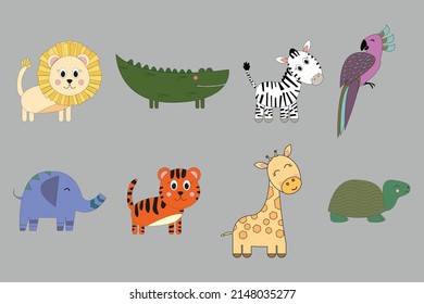 Cute cartoon African animals. Set of lion, elephant, crocodile, tiger, zebra, giraffe, parrot, turtle.