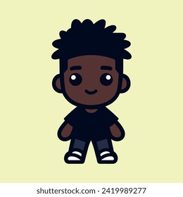 Caricatura de niño africano con imagen del ícono del vector del cabello afro. Joven africano Chibi Carácter Mascota Clipart. Ilustración vectorial de moda en estilo de dibujos planos.