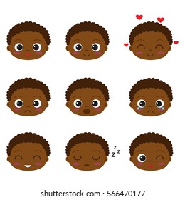 Cute cartoon african boy with different emotions. Vector set of emoji and emoticons