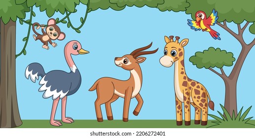 Cute cartoon african exotic animals background. Wild animals illustration, vector kids adventure book scene with monkey, giraffe and parrot