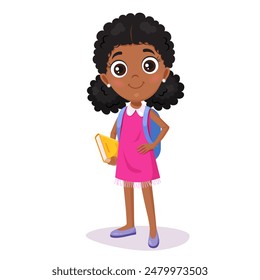 Cute cartoon african girl character with backpack and book in hand.	