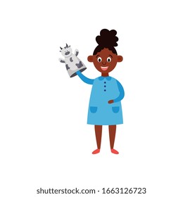 Cute cartoon African girl playing with cow hand puppet - child holding fun farm animal kid toy to show play skit performance. Isolated flat vector illustration on white background.