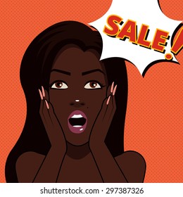 Cute cartoon african woman surprised and near white bubble with sale sign. Vector illustration