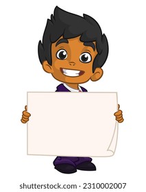 Cute cartoon african-american of indian boy child holding blank paper. Vector ilustration