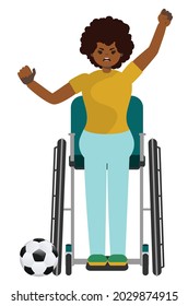 Cute cartoon afro american girl wheelchair user soccer or football fan illustration.