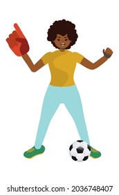 Cute cartoon afro american girl soccer or football fan illustration.
