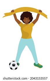 Cute cartoon afro american girl soccer or football fan illustration.