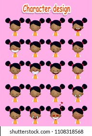 Cute cartoon afro-american girl with different emotional states set . Vector