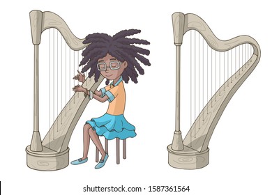 Cute cartoon Afro-American girl playing the harp. Young harper. Music lesson. Decor element for kids products (room, clothes, stationery). Set of vector illustrations.