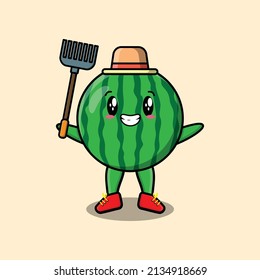 Cute cartoon Agricultural worker watermelon with pitchfork vector image cute modern style design