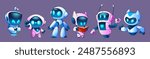 Cute cartoon ai chatbot robots with smiling faces. Vector set of funny bot mascot characters with different hand gestures, holding flower and book, standing and flying. Virtual digital agent.
