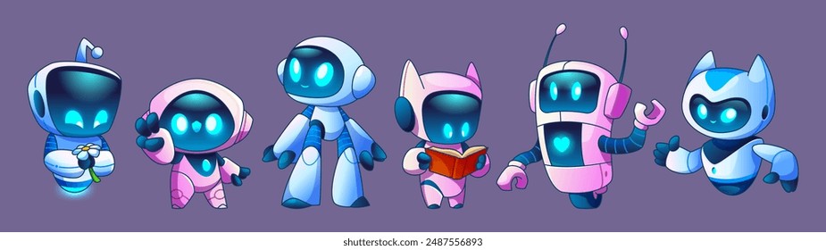 Cute cartoon ai chatbot robots with smiling faces. Vector set of funny bot mascot characters with different hand gestures, holding flower and book, standing and flying. Virtual digital agent.