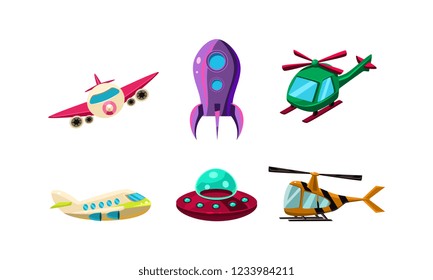 Cute cartoon aircrafts bright colors set, airplane, ufo, helicopter, rocket vector Illustration on a white background