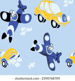 Cute Cartoon Airplane and Car Pattern on Light Blue Background