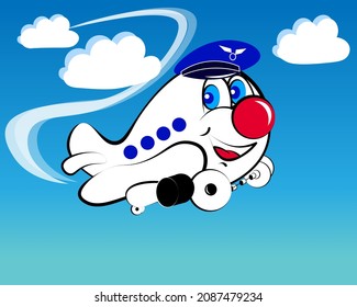 Cute cartoon airplane flying in the blue sky among the clouds Airplane cheerful expressive beautiful eyes clown red nose and pilot cap Vector illustration