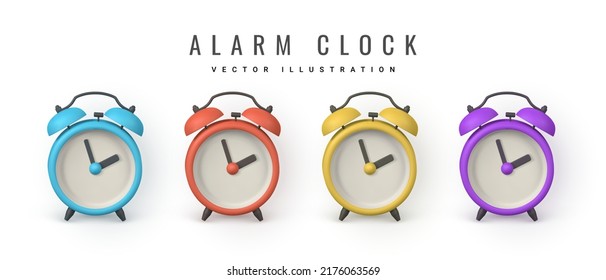 Cute cartoon alarm clock. 3d realistic table clock with shaddow. Vector illustration.